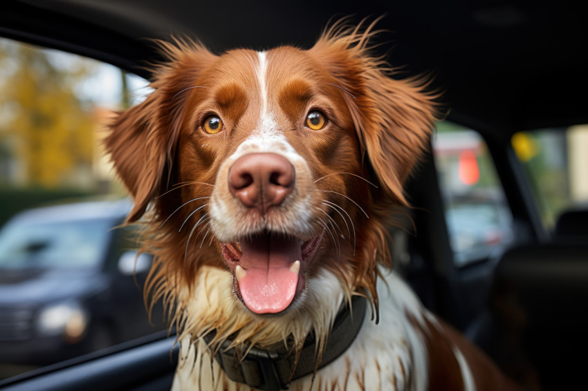 Dog happily sticking out tongue inside car enjoying the ride with pure joy and excitement