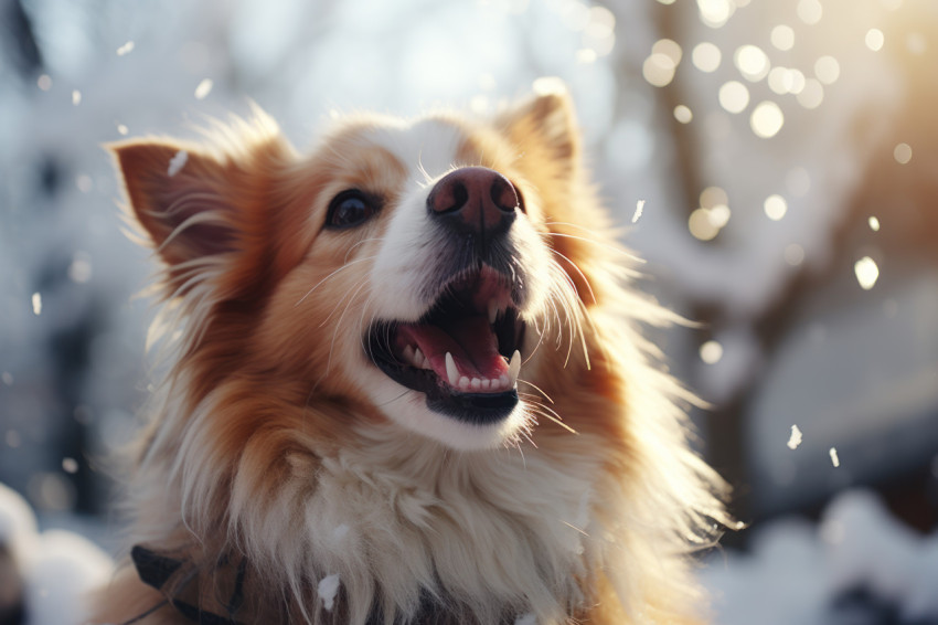 Happy dog with mouth open captivated by the snowfall