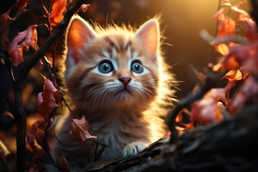 Curious kitten peeks through leafless trees