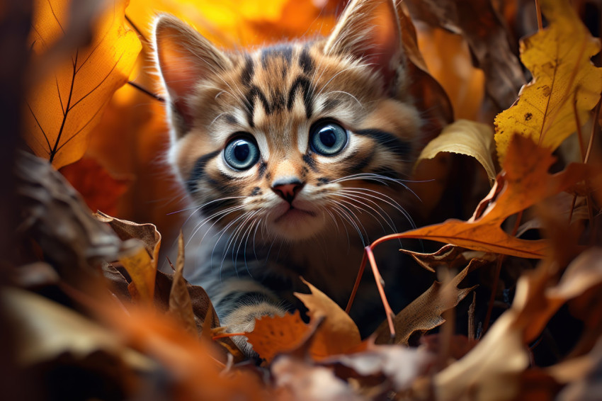 Small kitten peeking from under forest leaves