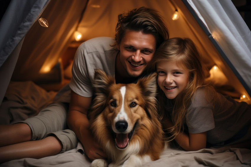 Happy family snuggles in bed with their adorable dog