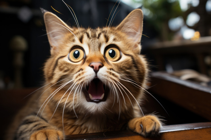 Playful tabby cat with large eyes and a vocal demeanor