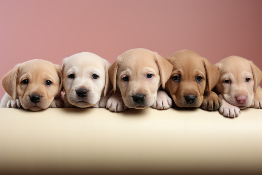 Five adorable yellow puppy labs lying down in a row showcasing their irresistible cuteness and playful camaraderie