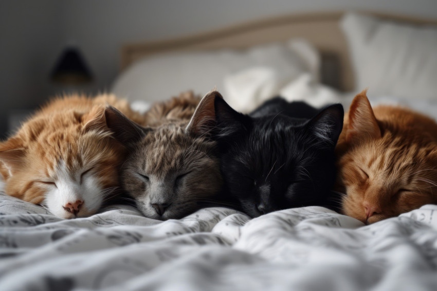 Four labrador cats peacefully sleeping on a white surface