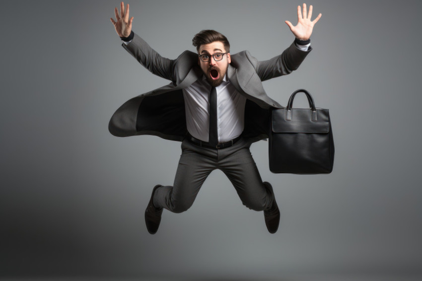 Energetic businessman jumps with a briefcase on a grey background