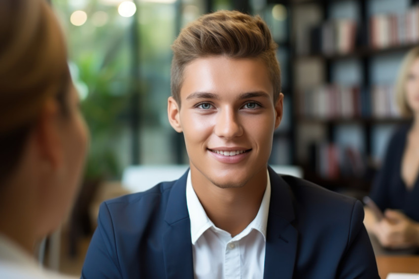 A young male candidate talks to hr team in office job interview