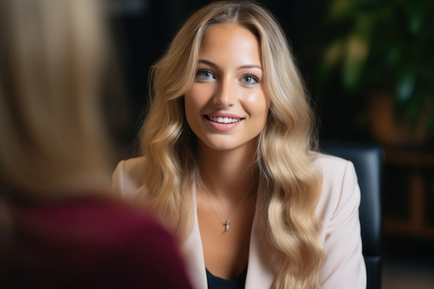 Joyful woman candidate in office job interview