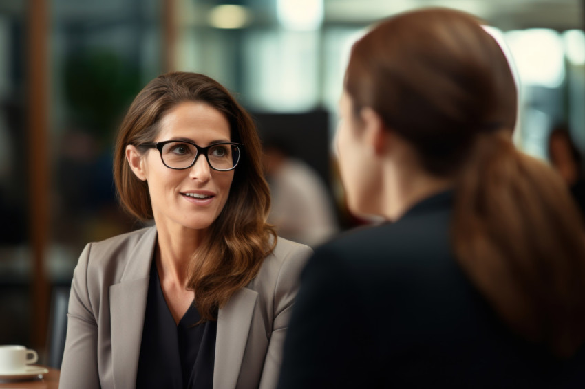 Woman with glasses talking with another woman in a meeting discussing ideas and plans