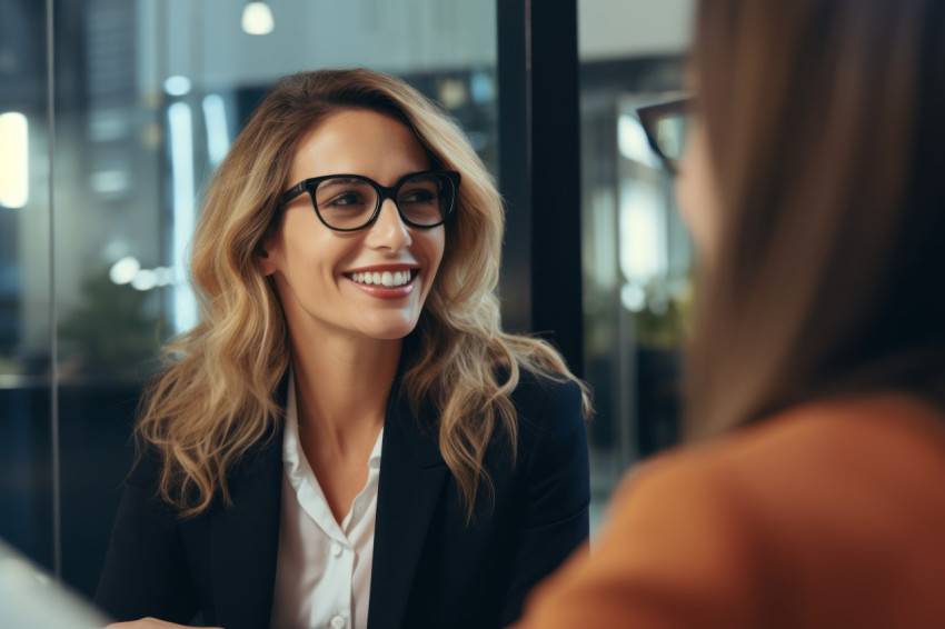 A businesswoman being interviewed by a woman in glasses for a job opportunity