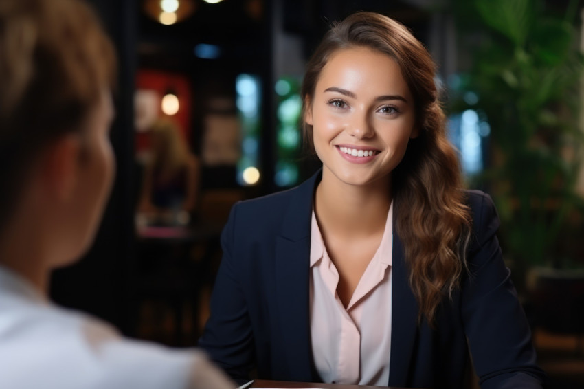 Joyful woman conducts office interview discussing with another woman sharing ideas for a positive work environment