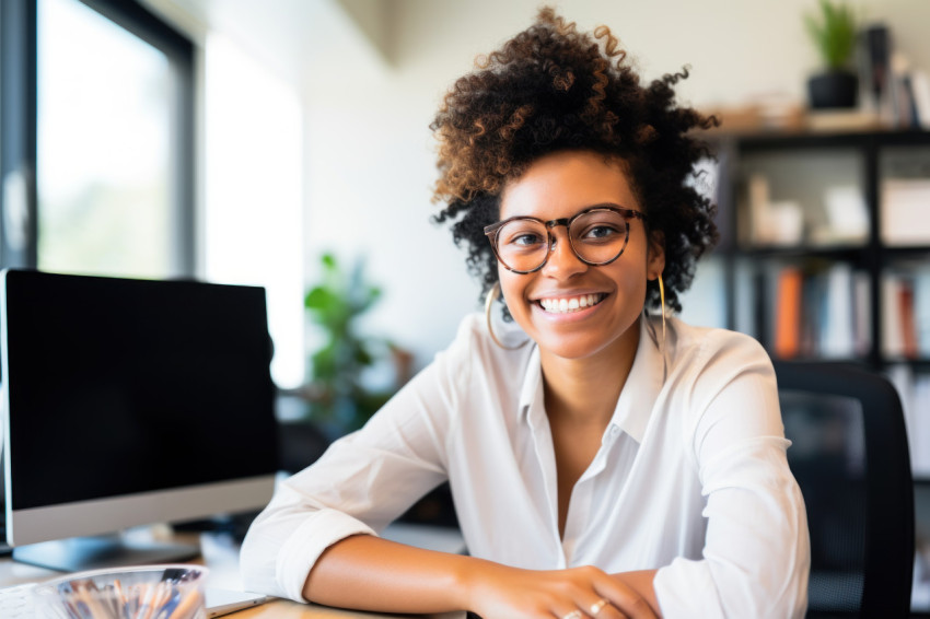 A woman in the office seated and smiling with glasses