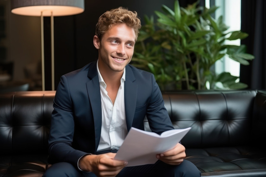 Young man sits on sofa awaiting interview holds folder gazes to the side