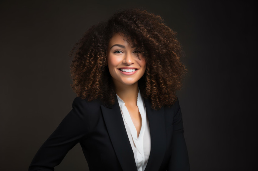 A woman with a cheerful smile and curly hair in a business suit posing for a professional portrait