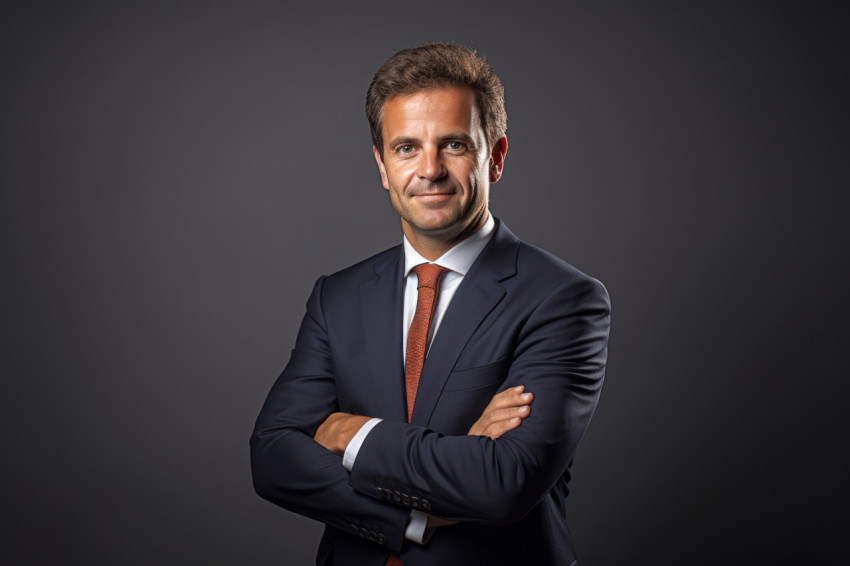 Confident businessman in suit standing with arms crossed over neutral background