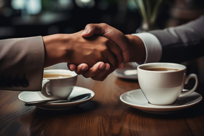 Man and woman shake hands on desk with coffee