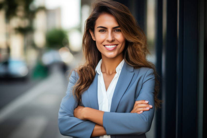 Happy young businesswoman with arms crossed near office building exudes confidence and professionalism