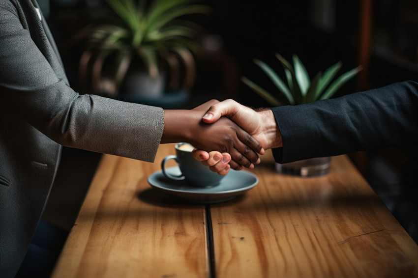 Two individuals sealing a deal with a handshake on a table