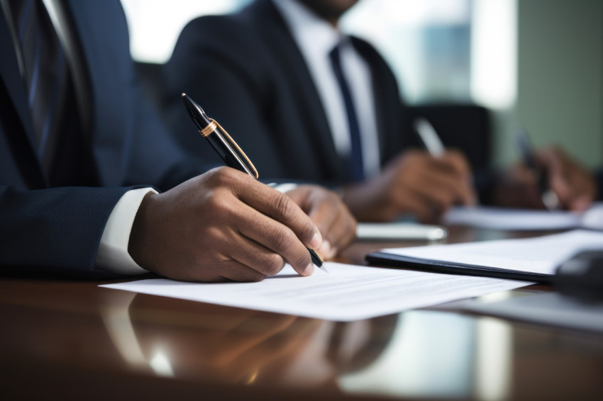 Two business people filling paperwork together in the office