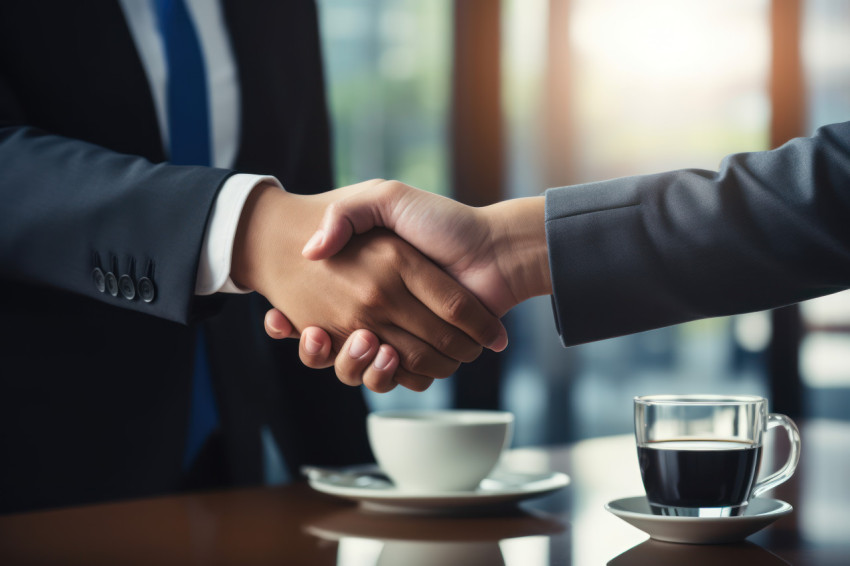 Business man and woman shaking hands sealing a deal in an office setting