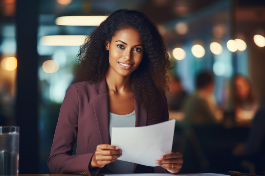 Indian female hr manager reviews job applicant resume in office for potential recruitment