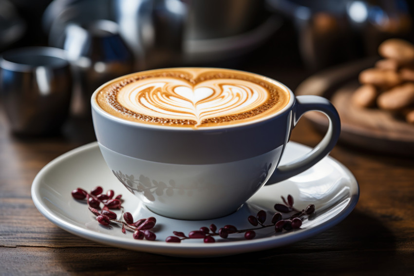 A cup of coffee with heart latte design on a wooden surface