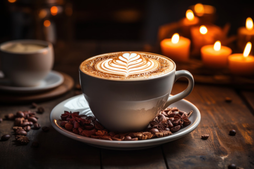 A cup of coffee on a wooden table with beautiful art