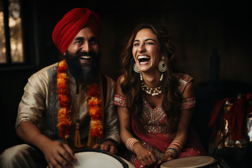 Man and woman in traditional dress with drums dancing to rhythmic beats in cultural celebration