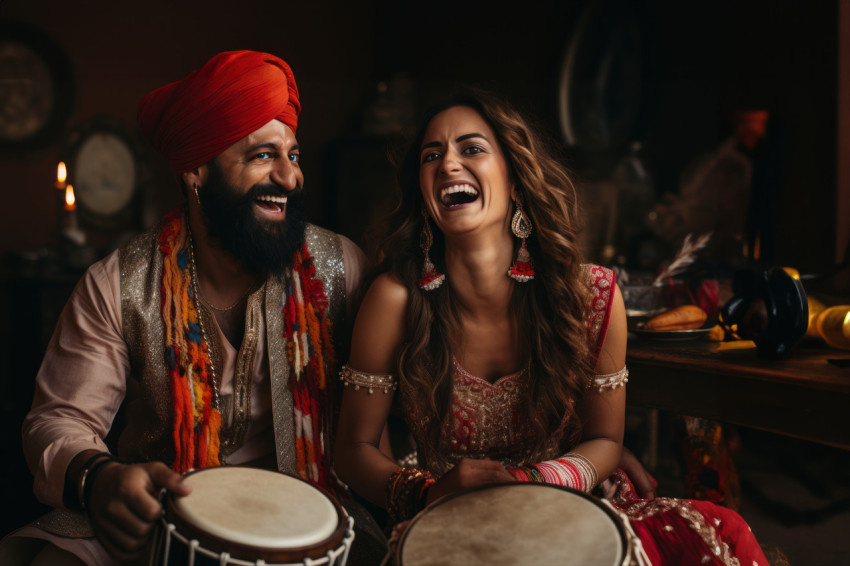 Man and woman in traditional dress with drums dancer