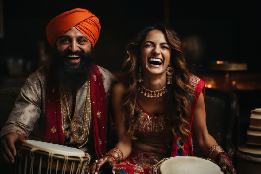 Man and woman in traditional dress play drums while a dancer performs a lively routine