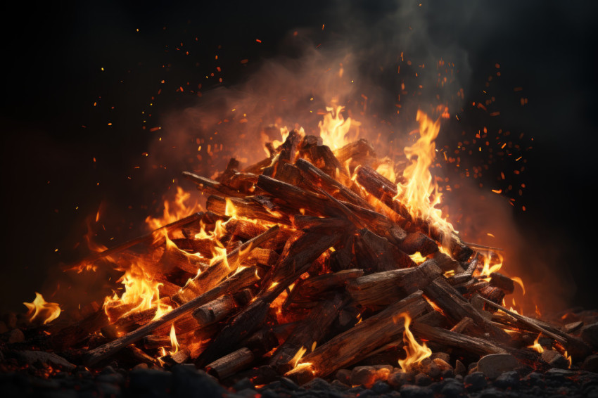 Fire made with sticks and branches over a dark background