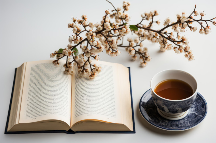 A book and coffee cup on a clean white backdrop create a relaxing reading