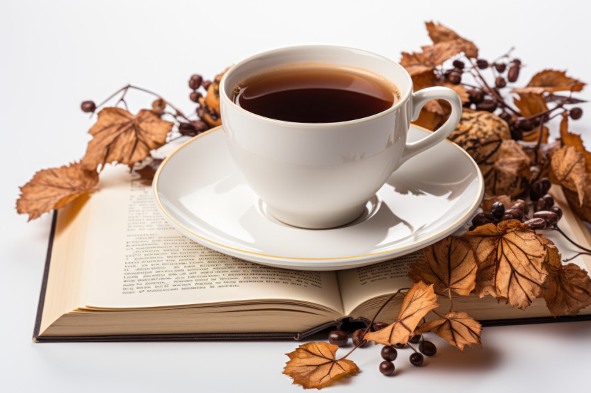 Book with coffee atop on clean white backdrop