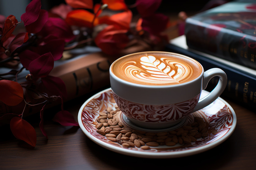 Coffee cup on table with books beside it