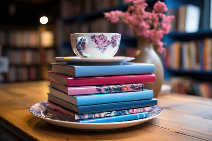 A coffee cup placed on books atop a wooden table