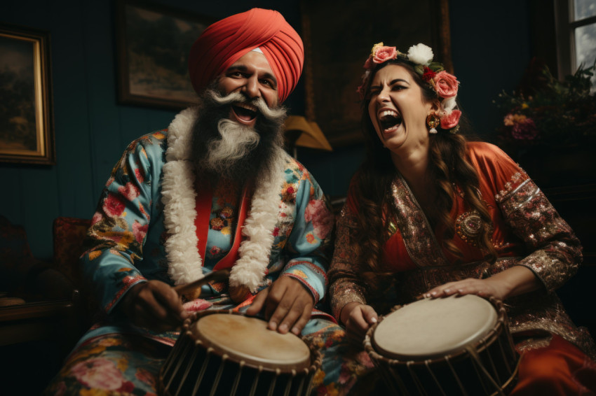 Two individuals in punjabi attire drum dance while holding traditional instruments in a vibrant celebration of culture and music