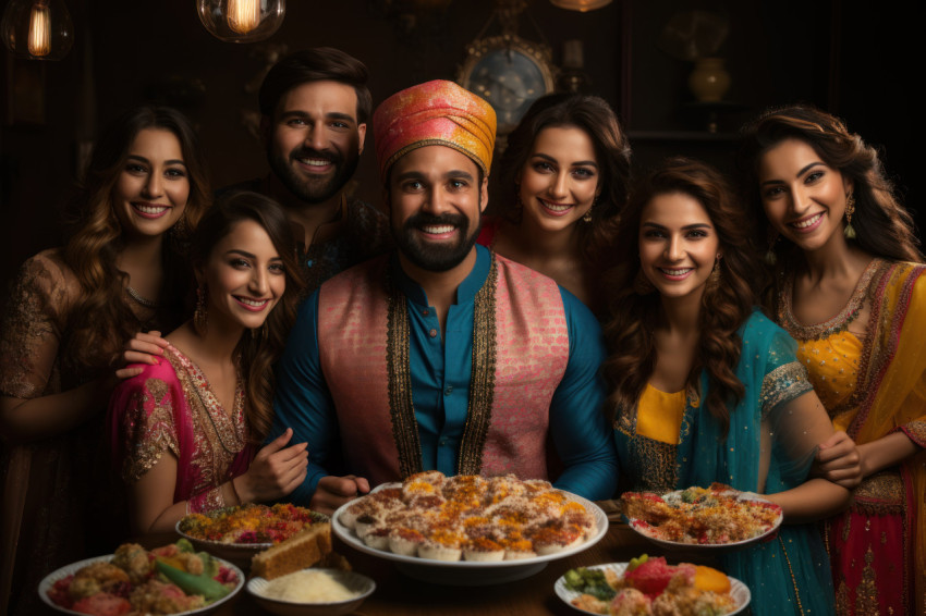 Indian group holding snacks and pens enjoying a break together