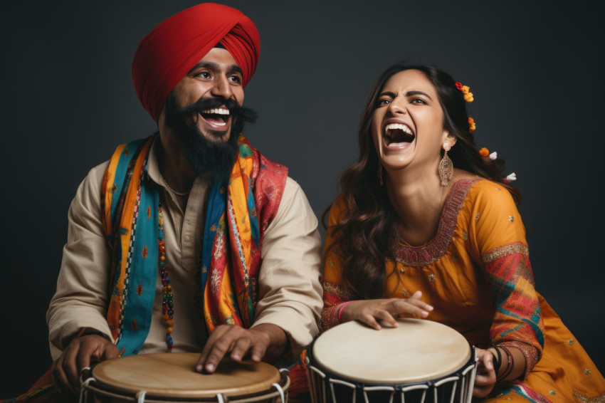 Indian couple joyfully dances in traditional attire adorned with turbans playing a drum on a white background