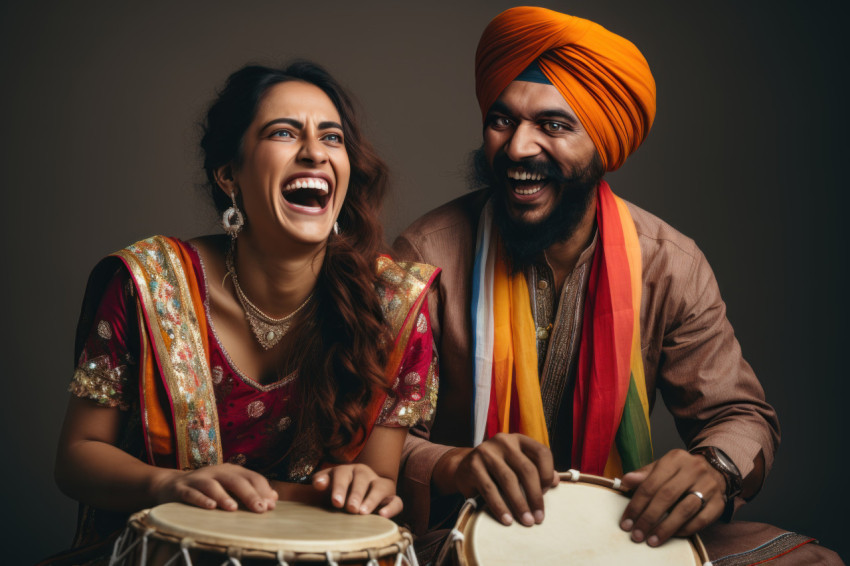 Indian couple dances in traditional attire turbans playing drum on a white background