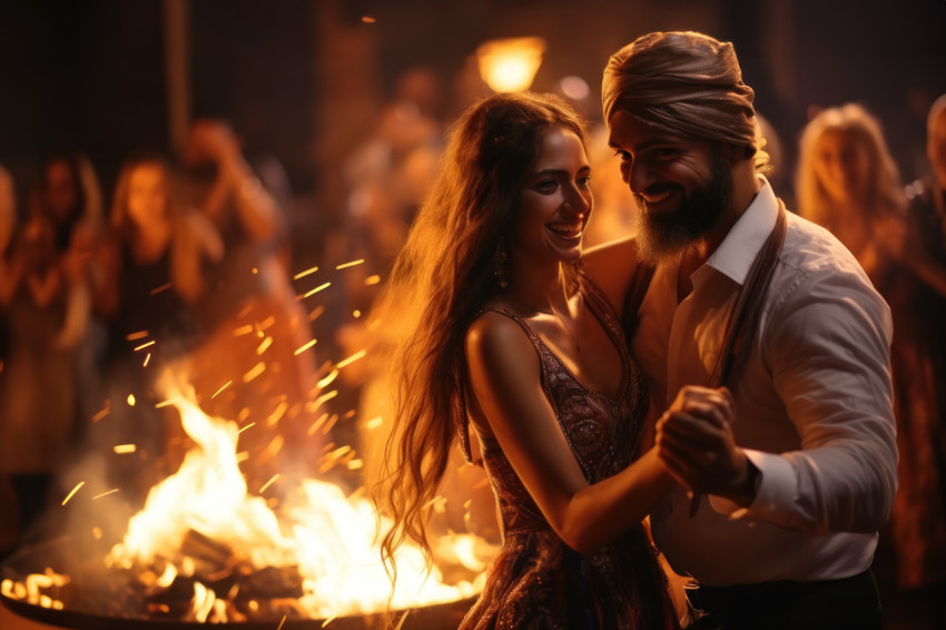 Happy couple stands by bonfire joyfully dancing around flames outdoors