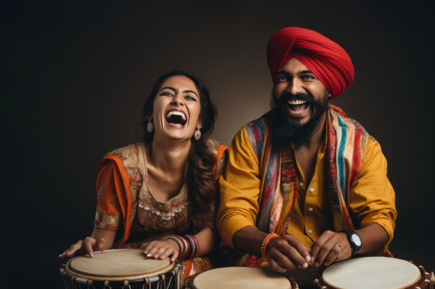 Indian couple in traditional attire dances with joy adorned in turbans playing drum on a white background