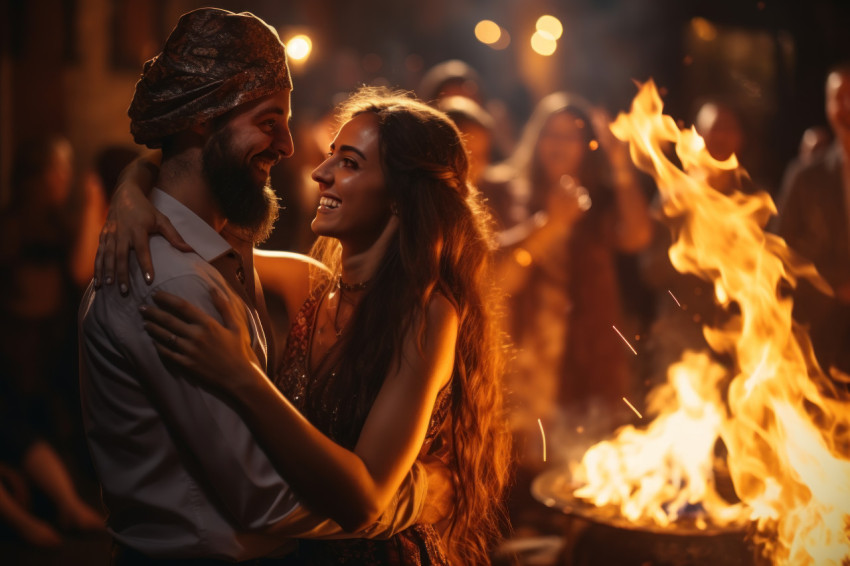 Happy couple dances around a bonfire celebrating love and joy in the warm glow of the flames