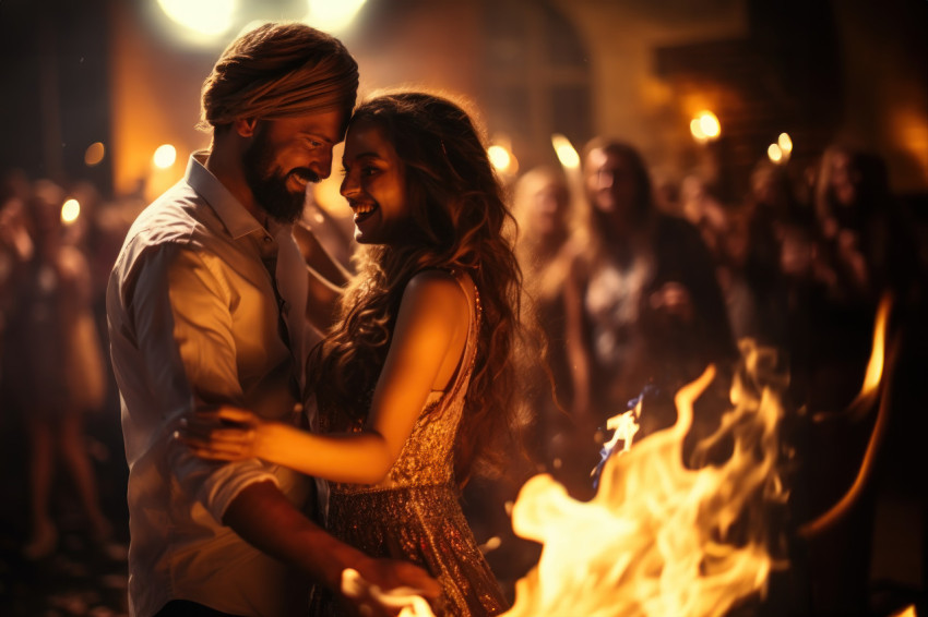 Happy couple stands by bonfire joyfully dancing around flames with love and laughter