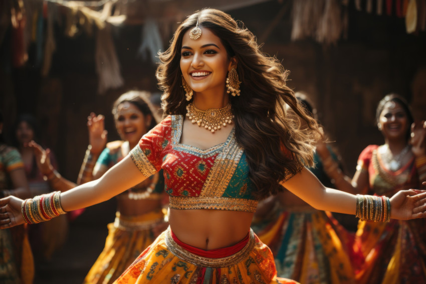 Woman gracefully performing traditional indian dance with vibrant attire and expressive movements