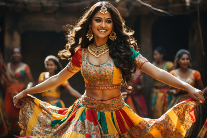 Woman performing captivating traditional indian dance with vibrant attire and graceful movements