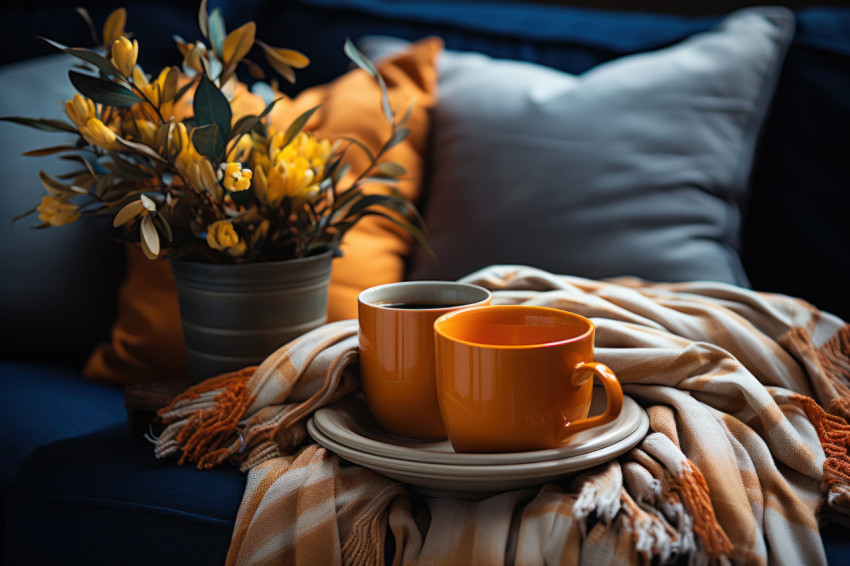 Photo of orange coffee cup atop couch