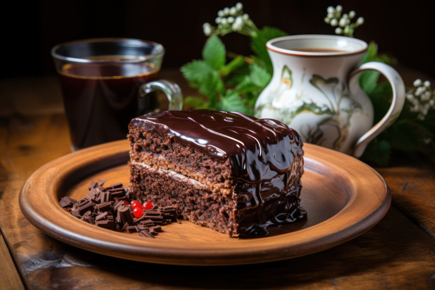 Coffee cup placed beside chocolate cake on wooden plate