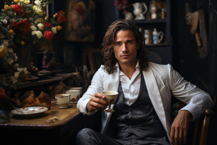 A man in a white shirt enjoying coffee while sitting in a chair