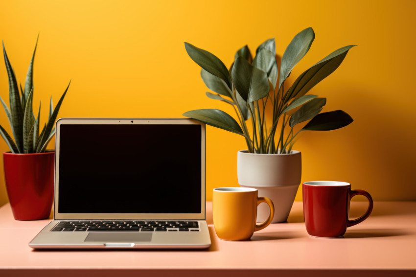 Desktop items laptop and coffee cups on a vibrant yellow backdrop