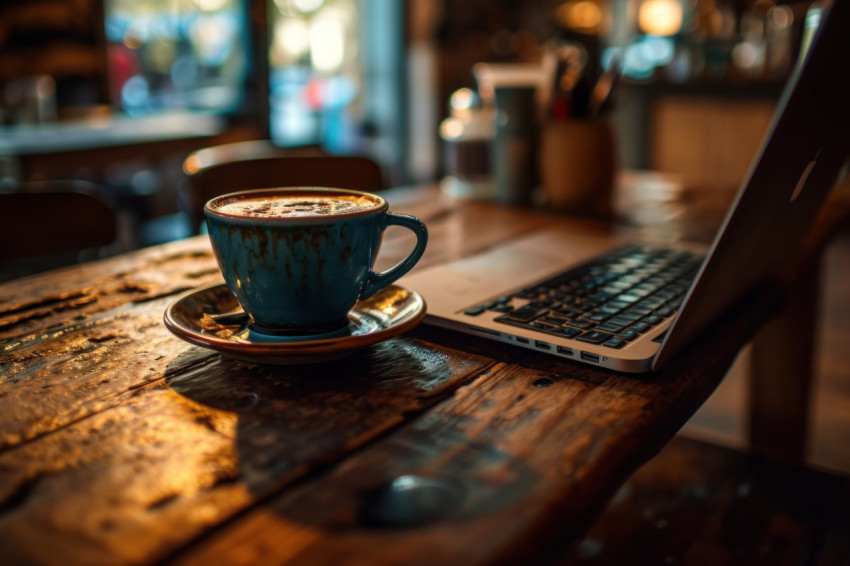 A photo of a laptop alongside a coffee cup