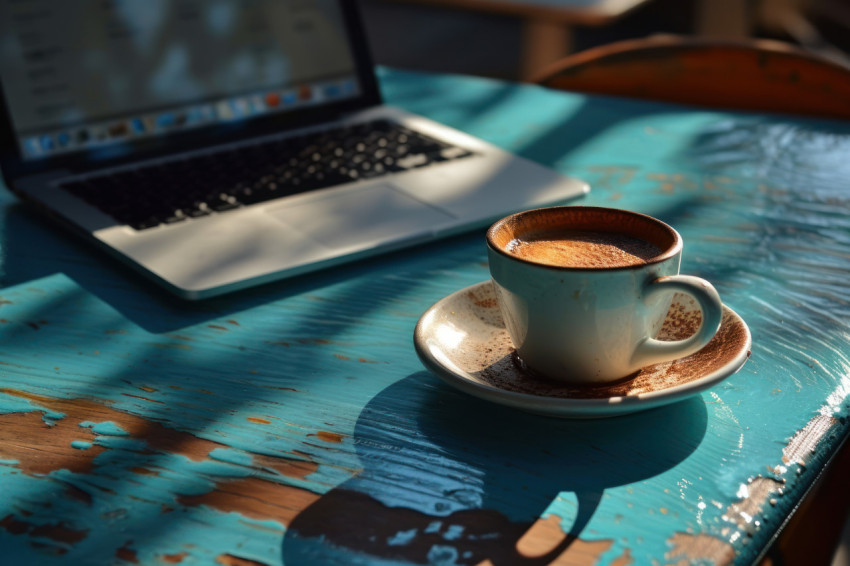 Image of coffee cup and laptop placed on a blue table surface